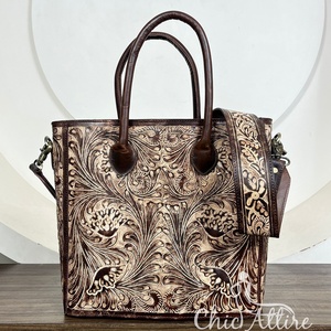 Vente en gros de sac fourre-tout en cuir à motif floral de grande capacité personnalisé outillé à la main sacs à main de haute qualité à la mode sac à bandoulière de luxe pour femmes - Product Image 1