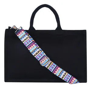 Wholesale Fashion Shopping Zipper long handle Women Black color Cotton Canvas Tote Bag Wholesale Handbag Suppliers