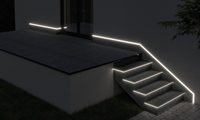 Profil de nez de marche Renoplast V LED en aluminium moderne, étanche, à surface lisse, à bord unique, avec drainage, garantie 5 ans