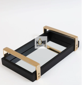 Plateaux de service de luxe en métal, poignée en forme de feuille, décoratifs pour la maison, plateaux à incrustation de marbre - Product Image 2