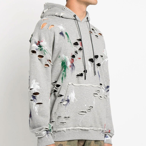 Distressed Fleece <b>Hoodie</b> <b>for</b> <b>Men</b> Fashionable Worn Effect Design Terry Fabric Custom Made Logo Printing OEM Service - Product Image 4