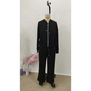 Women'<b>s</b> Long-Sleeve Hooded Zip-Up <b>Blouse</b> <b>and</b> Sweatpants Set, Embellished Front Zipper, Viscose Two-Thread Fabric, 30870 - Black - Product Image 5