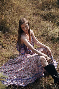 Alta moda verano bohemio elegante largo Maxi ropa elegante estampado sin mangas volante cuello redondo Natural sostenible algodón plisado - Product Image 4