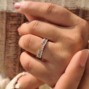 Half Eternity Emerald Cut Channel Set Diamond Stackable Wedding Band VS Clarity EF Color Geometric Pattern Rhodium Plated Gift - Product Image 6