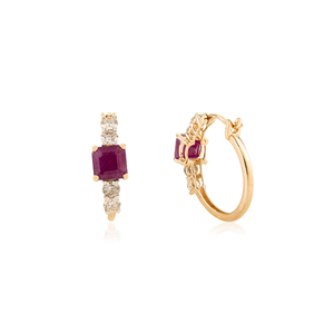 Wholesale Custom Gemstone Square Cut <b>Ruby</b> & Diamond 14K Yellow Gold Women Hoop Earrings Latest New Collection Jewelry - Product Image 5