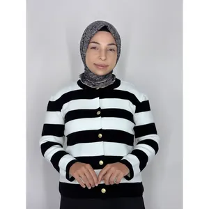 Casual Gold Button Detail <b>Cardigan</b> with Striped and Solid Print for Winter Season - Product Image 2