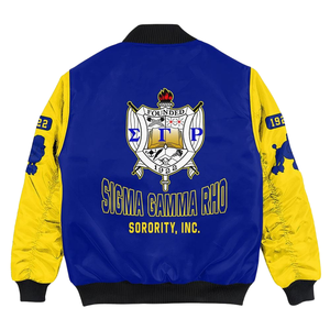 SGRho Sigma Gamma Rho Satin Jacket Royal Blue Gold 1922 Chaqueta bordada Bomber Greek Sorority para mujer - Product Image 5