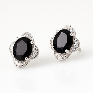 Black Onyx Floral <b>Silver</b> <b>Stud</b> <b>Earrings</b> CZ Halo Rhodium Plated Oval Prong Set Romantic Style Engagement Wedding Anniversary Party - Product Image 2