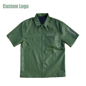 Chemise OEM personnalisée de haute qualité en cuir Pu avec fermeture éclair pour hommes, chemise brodée personnalisée à manches courtes avec poche poitrine en faux cuir - Product Image 3