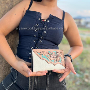 Cartera tallada a mano, funda de teléfono de embrague, elegante piel de vaca, billetera de Color turquesa, billetera de cuero occidental multiuso - Product Image 3