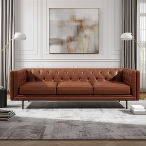 <b>Sofa</b> Genuine Leather Eco-Friendly Mid for Modern Button-Tufted 3-Seater Metal Legs Living Room Villa Apartment - Product Image 1