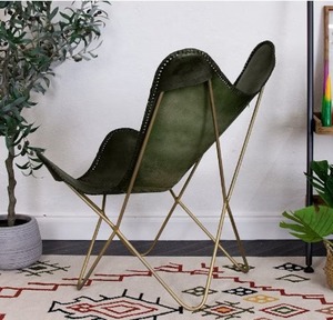 Chaise papillon en cuir véritable Cadre en fer doré Chaise de loisir pliable pour le salon Extérieur Fait à la main pour les meubles de chambre à coucher - Product Image 2