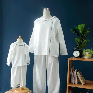 Silk Wholesale Custom Kids Pyjamas Casual Sleepwear Home Wear Black Line White Kid Long Sleeves Long Pants White Long Pajamas