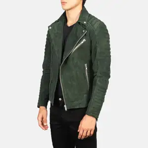 Men leather jacket turn down collar with buttons and zipper decoration mint color high quality motorcycle safety jackets