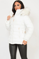 Chaqueta de Plumón para Mujer, Diseño Personalizado, Color Blanco, OEM, con Capucha de Piel Sintética, Cierre Completo y Acolchado, Chaqueta de Invierno