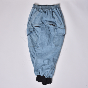 Pantalon cargo unisexe en coton bleu clair, taille élastique, coupe ample, style denim délavé respirant - Product Image 3