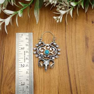Western Boho Skull <b>Earrings</b> with <b>Turquoise</b> Stones, Gothic Bohemian Jewelry, Edgy Animal Skull Dangle <b>Earrings</b> - Product Image 4