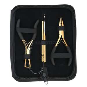 Gold <b>Hair</b> <b>Extension</b> Tools Kit with Microbead Crimping Plier <b>Beads</b> Remover Plier Black Rubber Grip Double Spring Wire Loop & Hook - Product Image 1