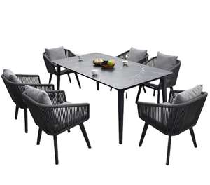 Ensemble de salle à manger d'extérieur moderne de luxe 6 pièces Table Chaises en corde tressée Résistant aux intempéries Hôtel Parc Patio Jardin Terrasse Meubles - Product Image 3