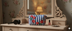 Pochette de toilette vintage en coton matelassé à l'ancienne avec fermeture éclair, poches intérieures, résistante à l'eau, de la marque Le Souvenirs, avec une sangle bleue - Product Image 2