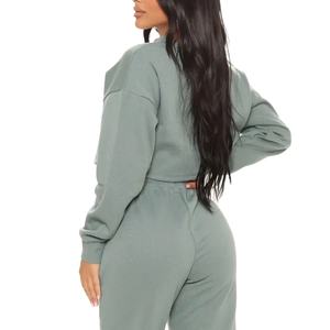 Femmes personnalisable 2 pièces solide polaire vêtements de sport ensemble haut court Joggers pantalon 100% coton survêtements hiver haute qualité - Product Image 3