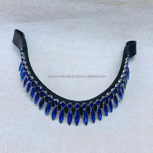 Bande de sourcil de cheval rembourrée en cuir noir à Grain supérieur avec bleu saphir, grande chaîne de pierres en cristal suspendues dans toutes les tailles personnalisées - Product Image 4