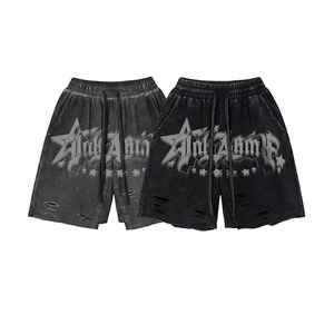2026 Hot Sale 100% Cotton Acid Wash Black Color Screen Printed Shorts for Men's Custom Stringer Ruff Work Sportswear Shorts - Product Image 4