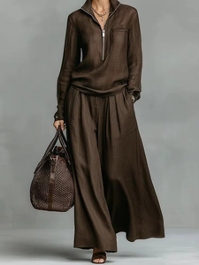 Conjunto de 2 Piezas de Moda Urbana Elegante para Mujer, Sudadera Informal de Manga Larga con Cremallera y Pantalones Lisos de Corte Regular - Product Image 6