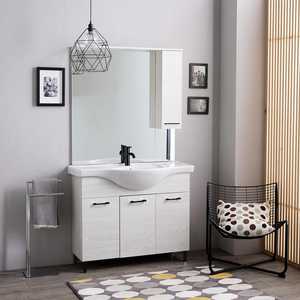 105cm White Oak Floor-Standing Bathroom Vanity with <b>Mirror</b> and Ravenna <b>Wall</b> Unit Premium Bathroom <b>Sets</b> - Product Image 1