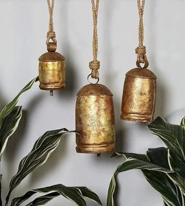 Juego de campanas de vaca Vintage hechas a mano de 3 racimo dorado cuerda de yute Metal decoración navideña Shabby Chic chapado en oro - Product Image 5