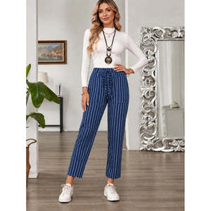 Pantalones Modales con Estampado de Leopardo y Cordones en la Cintura Alta para Mujer, 38405 - Azul - Product Image 2