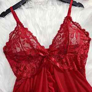 Ensemble de Lingerie Sexy pour Femme, Rouge Transparent en Dentelle, Chemise de Nuit Respirante en Laine Peignée, Short Confortable à Taille Élastique pour Dormir - Product Image 3