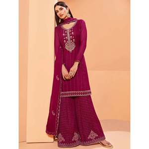 Ensemble Sharara en Georgette Magenta Séduisant avec Broderies de Paillettes – Tenue de Fête pour Femme - Product Image 1