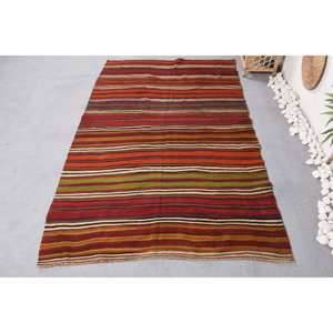 Tapis Kilim Vintage 4.1 X 6.6ft Rouge Orange Boho Plat Tissage Jacquard Jute Tapis Latex Support Patchwork Couloir Rectangle Design - Product Image 1