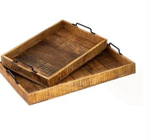 ชุด2ถาดไม้มะม่วงพร้อมที่จับโลหะถาดโต๊ะอาหารถาดไม้และถาดใช้แสดง-18X12ขนาดใหญ่ "& 15X10กลาง" - Product Image 2