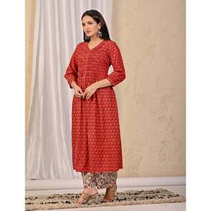 Ensemble Kurta et pantalon en coton imprimé rouge, style Salwar Kameez, broderie, tissu en filet, pour filles, tenue ethnique indienne pour les fêtes - Product Image 4