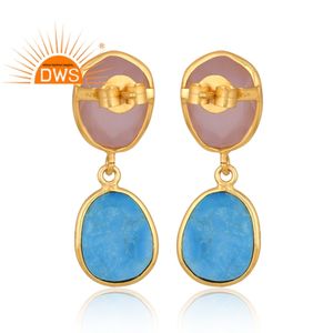 Meilleure vente argent sterling plaqué or naturel Rose calcédoine & Turquoise Matrix pierre précieuse dangle boucle d'oreille fabricant de bijoux - Product Image 4