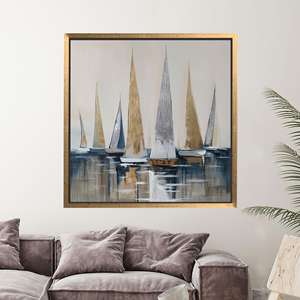 Abstract Nautical Sailboat Canvas Print - Modern Coastal Wall Art,Gold <b>Framed</b> - Product Image 1