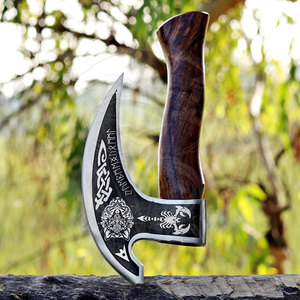 Wholesale Customized Hand Forged High Carbon Viking Pizza <b>Axe</b> with Custom Design Leather Sheath and Cutter Function for Chef Use - Product Image 5