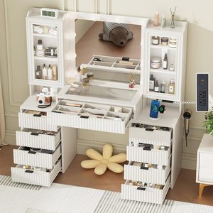 Tocador de maquillaje de roble acanalado de 55 \ ", espejo grande, tapa de cristal moderna, 9 cajones, estantes de almacenamiento abiertos, estación de carga, <span class=keywords><strong>vestidor</strong></span> grande - Product Image 6