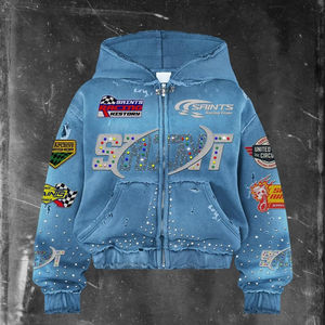 Sudadera con Capucha Gráfica para Hombre, 100% Algodón Grueso, con Cierre, Estampado DTG Personalizado, Lavado Ácido, Parche Bordado y Pedrería - Product Image 1