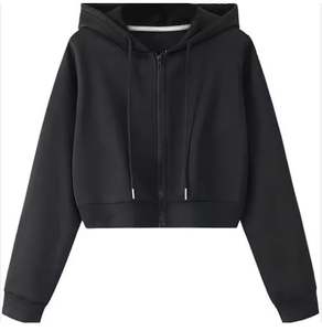 ชุดเสื้อผ้ากีฬาสำหรับผู้หญิงเสื้อครอปแขนยาวลำลองมีฮู้ดและกางเกงขายาวมีโลโก้ด้านหน้า - Product Image 1