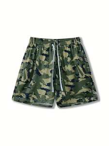 High Street Style Men's Camouflage Pattern Breathable Active Shorts Loose Fit Sublimation Solid Pattern <b>Drawstring</b> Mesh Knitted - Product Image 2