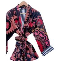 Kimono Corto de Algodón y Terciopelo para Mujer, Ropa de Dormir Otoñal, Bata de Baño con Cuello en V, Cordón Ajustable, Mangas Largas, Estampado Floral, Secado Rápido, Lujoso