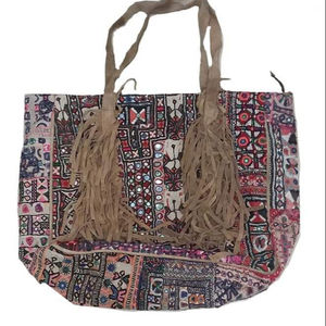 Sac à main en coton Boho Chic unisexe avec pompon multicolore fleur à nœuds broderie ethnique vintage deux anses pour dames - Product Image 1