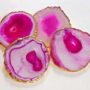 NEW PRODUCT High Quality Natural Pink Agate 3 -3.5 inch Golden Electro Plating Coaster For Healing & Home Decoration From India