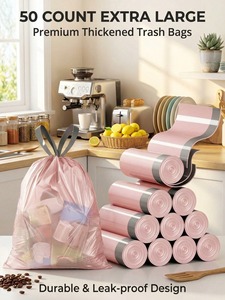 Sacs poubelles de cuisine anti-fuite avec cordon de serrage, roses, pour déchets alimentaires, sacs en plastique HDPE jetables, usage domestique, fabriqués en Chine - Product Image 4