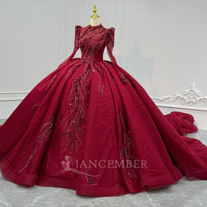 XS236 Muslim High Neck Red Full Sleeve Lace Beading Appliques <b>Crystal</b> <b>Ball</b> Gown Natural Waist Print Evening Party Dresses - Product Image 3