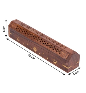 Caja de madera Agarbatti Holder Quemador de incienso tallado a mano de madera Soporte de incienso Incrustaciones de latón Soporte de almacenamiento de incienso - Product Image 3