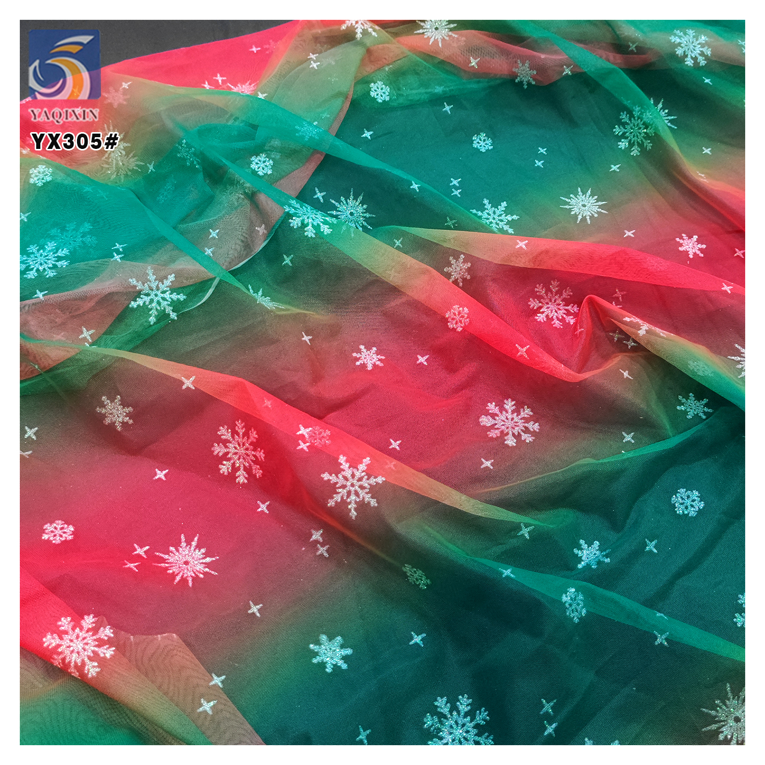 YX305-1 Non-shedding Glitter Rainbow Snowflakes Tulle Fabric Polyester Mesh Christmas Holiday Fabric for Kids